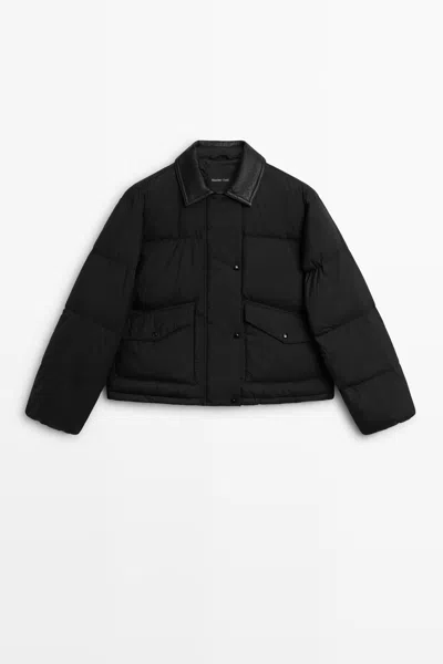 Massimo Dutti Casaco Bomber, Casaco De Penas, Gola Em Pele Napa In Black