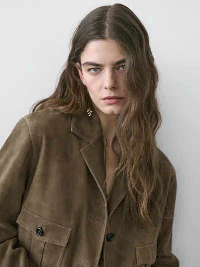 Massimo Dutti Casaco Curto De Pele Camurça In Brown