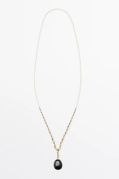 Massimo Dutti Chain Necklace With Beads And Onyx Stone In Golden