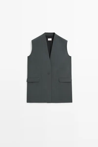 Massimo Dutti Chaleco Cuello Pico Total Look In Blue