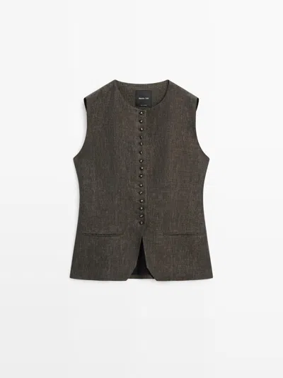 Massimo Dutti Chaleco Detalle Botones 100% Lino In Brown