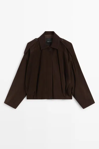 Massimo Dutti Chamarra Bomber Detalle De Pliegues Piel Ante In Brown