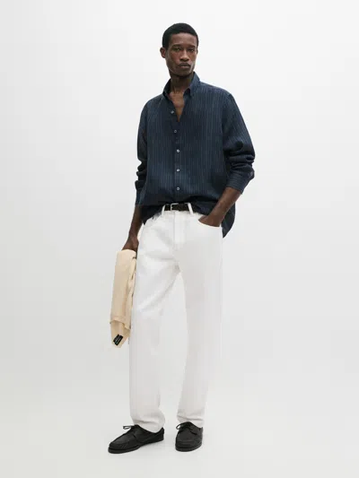 Massimo Dutti Chemise À Rayures Boutonnée 100 % Lin In Blue