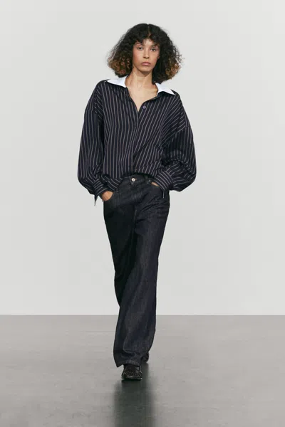 Massimo Dutti Chemise Rayée À Col Contrastant In Bleu Marine
