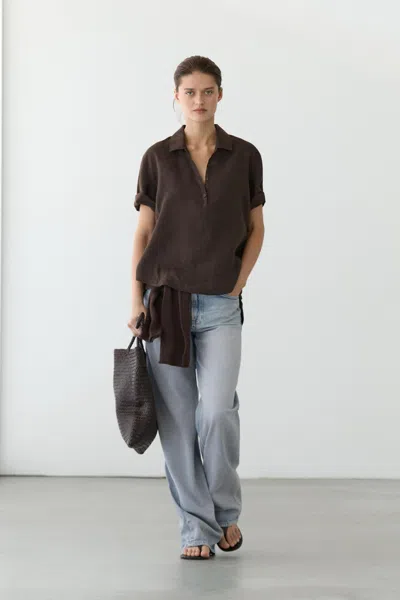 Massimo Dutti Chemisier Col Polo En Lin In Brown