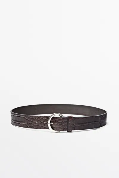 Massimo Dutti Cinto De Pele Com Fivela Redonda E Efeito Crocodilo In Brown