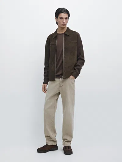 Massimo Dutti Contrast Cotton And Leather Jacket In Brown