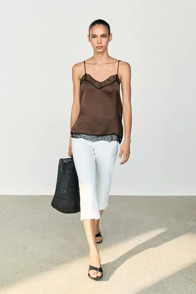 Massimo Dutti Contrast Lace Camisole Top In Brown Marl