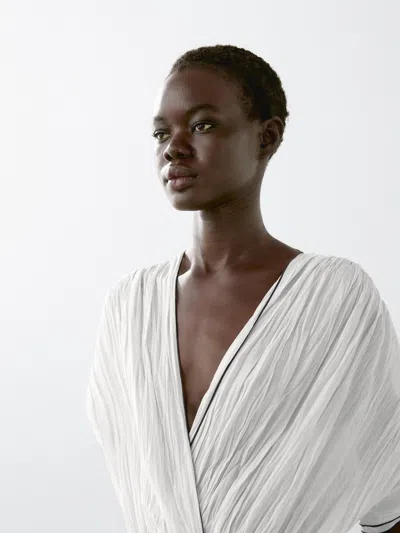 Massimo Dutti Contrast Pleated Long Dress In White