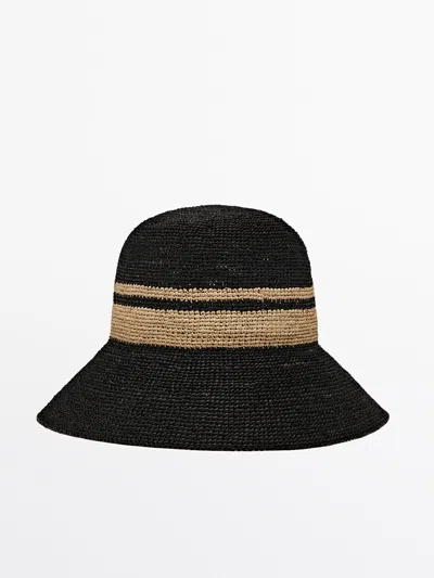 Massimo Dutti Contrast Raffia Hat In Black