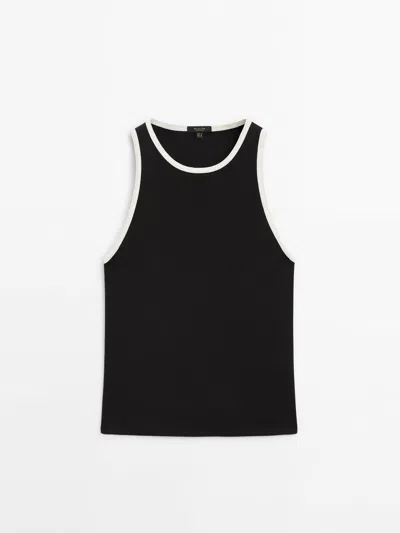 Massimo Dutti Contrast Ribbed Top In Black