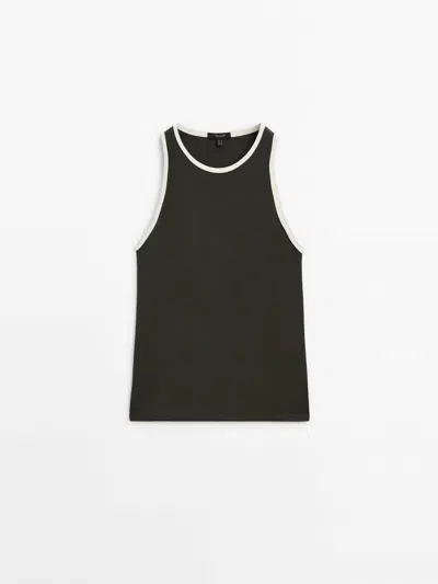 Massimo Dutti Contrast Ribbed Top In Khaki