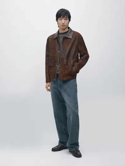 Massimo Dutti Contrast Suede Leather Jacket In Brown