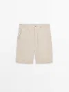 Massimo Dutti Cotton And Linen Blend Bermuda Shorts In Beige