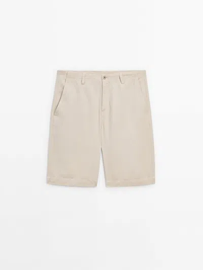 Massimo Dutti Cotton And Linen Blend Bermuda Shorts In Beige