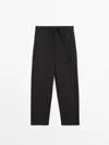 Massimo Dutti Cotton And Linen Blend Trousers With Drawstrings In Black