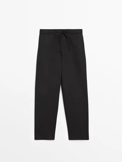Massimo Dutti Cotton And Linen Blend Trousers With Drawstrings In Black