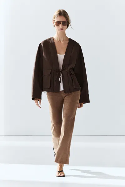 Massimo Dutti Cotton And Linen Pocket Kimono In Brown
