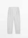 Massimo Dutti Cotton Blend Barrel Trousers In Weiss