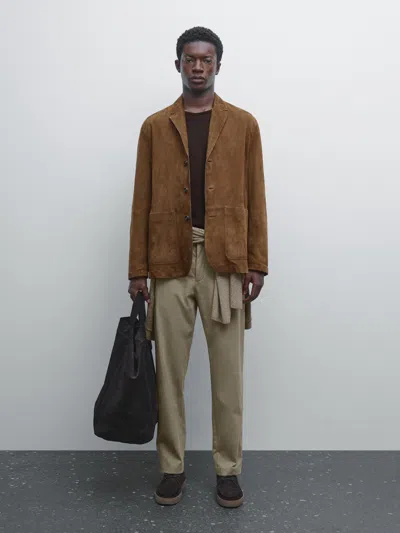 Massimo Dutti Cotton Blend Cigarette Fit Trousers In Brown