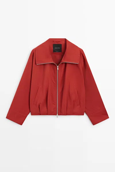 Massimo Dutti Cotton Blend Gathered Bomber Jacket In Dark Pink