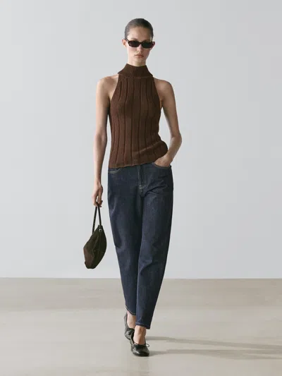 Massimo Dutti Cotton Blend Halter Top In Burgundy