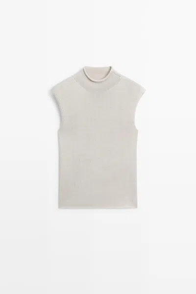 Massimo Dutti Cotton Blend High Neck Knit Top In Silver