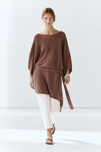 Massimo Dutti Cotton Blend Knit Sweater With Belt In Brown