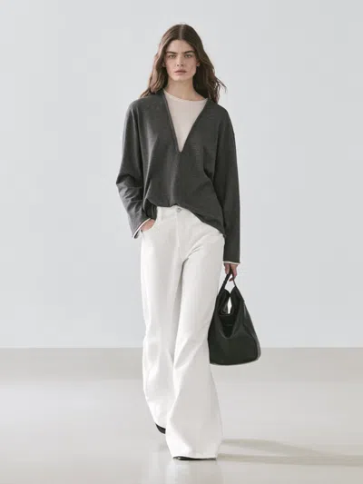 Massimo Dutti Cotton Blend Knit Sweater With Contrast Fabric In Gray