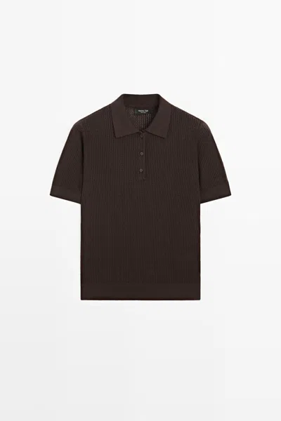 Massimo Dutti Cotton Blend Openwork Polo Shirt In Brown