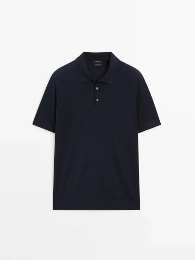 Massimo Dutti Cotton Blend Polo Sweater In Navy Blue