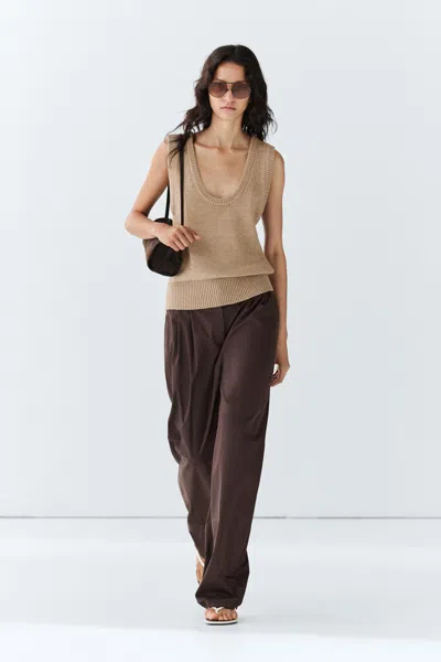 Massimo Dutti Cotton Blend Poplin Pleated Pants In Chocolate