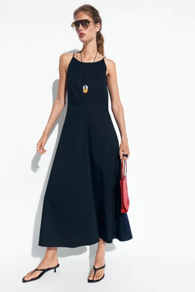 Massimo Dutti Cotton Blend Poplin Strap Dress In Blue