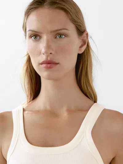 Massimo Dutti Cotton Blend Round Neck Top In Neutral