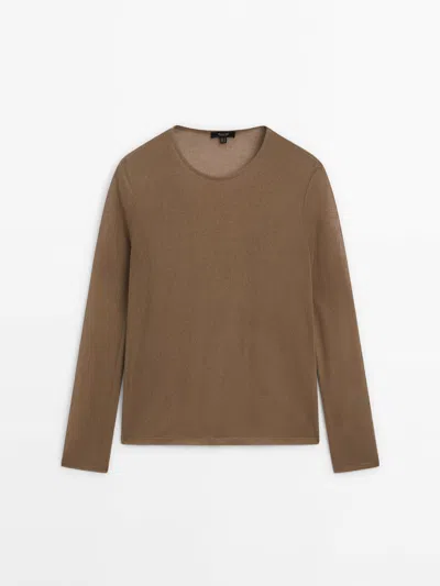 Massimo Dutti Cotton Blend Semi-sheer T-shirt In Pale Mink