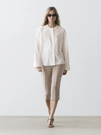 Massimo Dutti Cotton Blend Shirt With Embroidered Detail In White