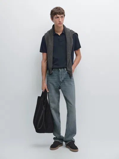 Massimo Dutti Cotton Blend Short Sleeve Polo Shirt In Blue