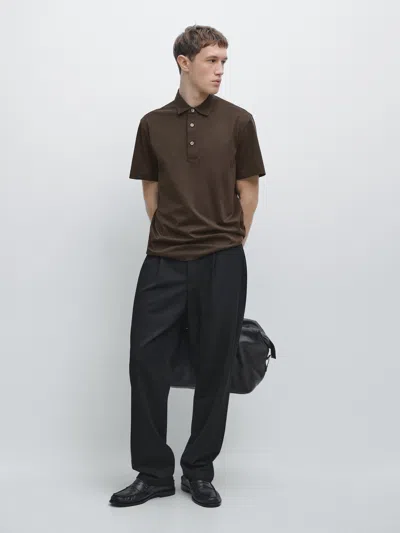 Massimo Dutti Cotton Blend Short Sleeve Polo Shirt In Brown