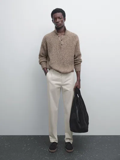 Massimo Dutti Cotton Blend Slim Fit Trousers In Neutral