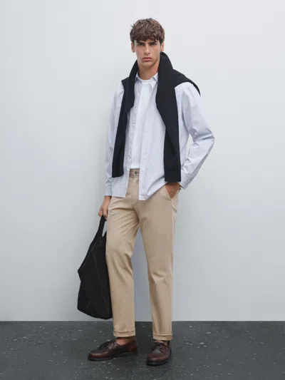 Massimo Dutti Cotton Blend Slim Fit Trousers In White