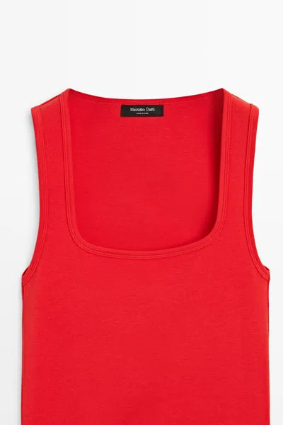 Massimo Dutti Cotton Blend Square Neck Top In Red