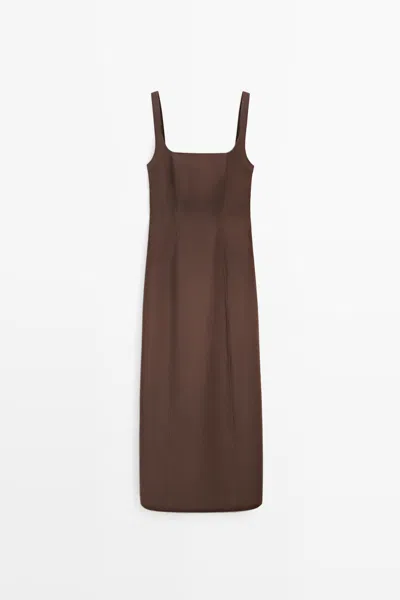 Massimo Dutti Cotton Blend Strappy Midi Dress In Brown