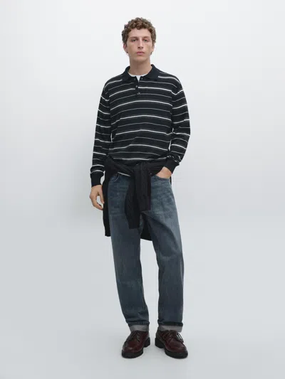 Massimo Dutti Cotton Blend Striped Knit Polo Sweater In Blue