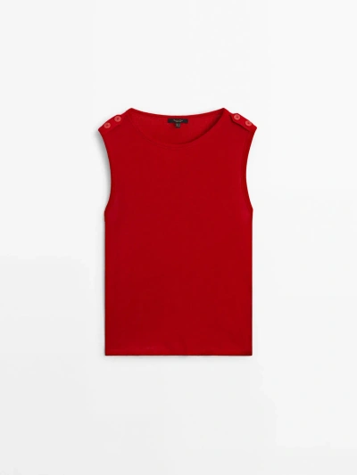 Massimo Dutti Cotton Blend T-shirt With Shoulder Buttons In Red