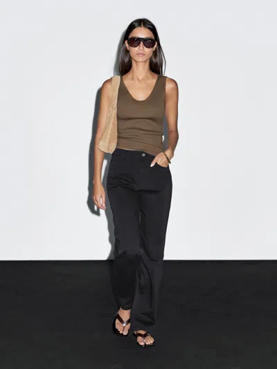 Massimo Dutti Cotton Blend Top With Frayed Piping In Brown