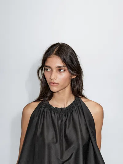Massimo Dutti Cotton Blend Top With Gathered Neckline In Black