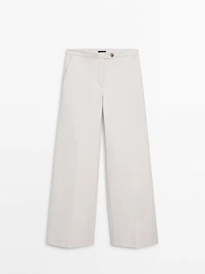 Massimo Dutti Cotton Blend Wide-leg Trousers In Cream
