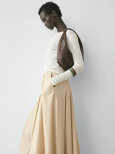 Massimo Dutti Cotton Box Pleat Midi Skirt In Neutral