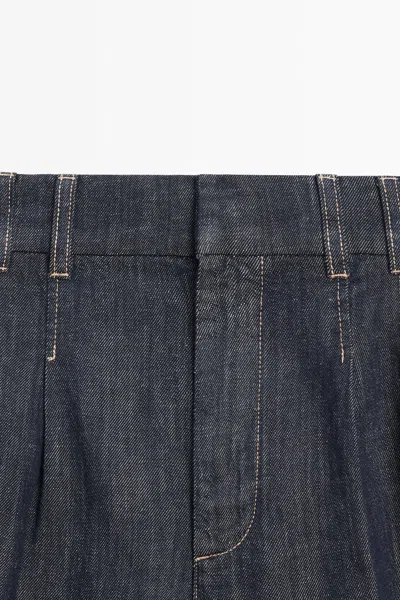 Massimo Dutti Cotton Denim Bermuda Shorts With Topstitching In Blue