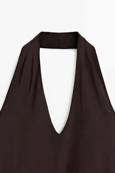 Massimo Dutti Cotton Halter Top With Elasticated Hem In Brown